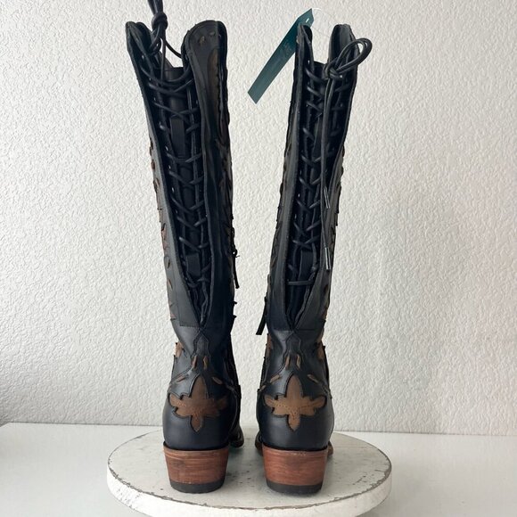 Lane Reverie Knee High Womens Cowboy Boots 6 Black Brown Western Cowgirl Lace Up - Picture 3 of 11